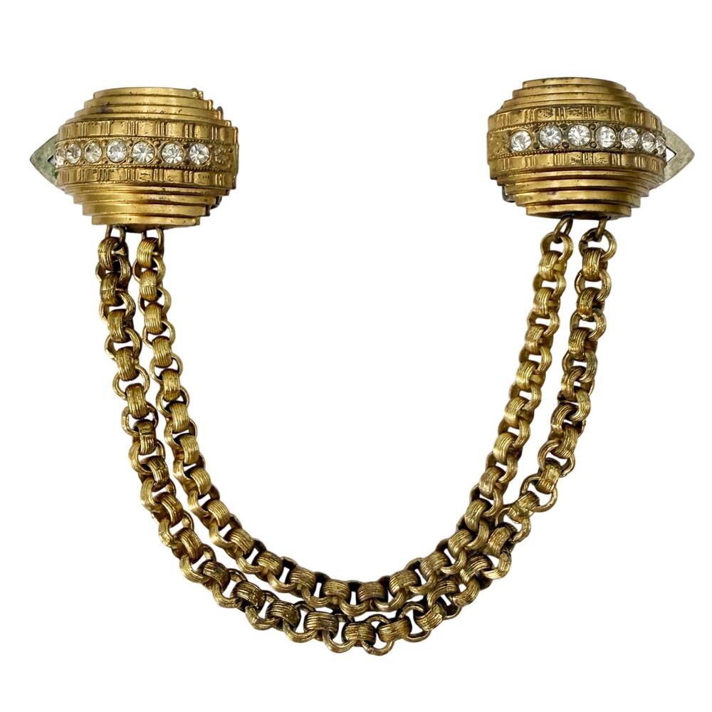 vintage gold clear rhinestones Double Dress Clip drape chain BROOCH jewelry pin
